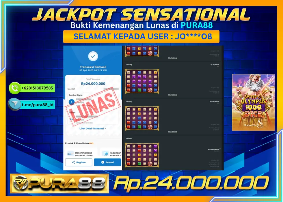 PURA88 JACKPOT GATES OF OLYMPUS 1000 DICE Rp 24.000.000,- LUNAS
